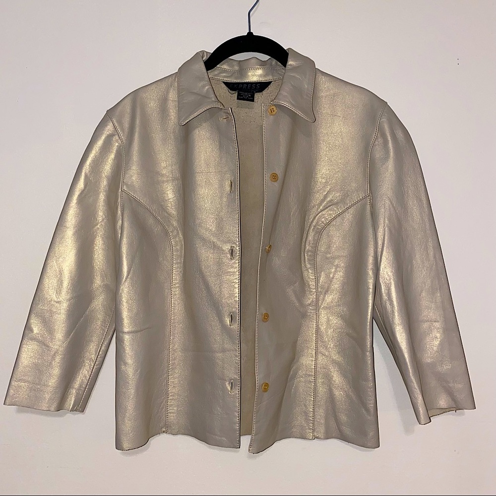Genuine Leather Metallic 3/4 Sleeve Jacket